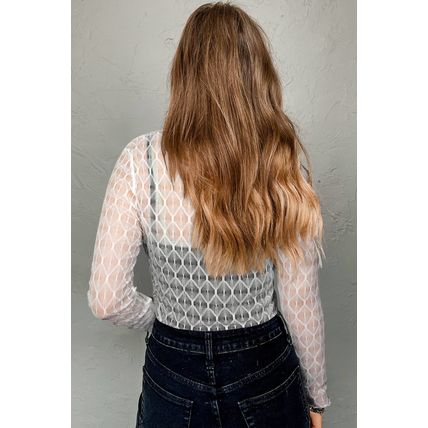 Beige Sheer Mesh Patterned Lettuce Trim Slim Long Sleeve Top