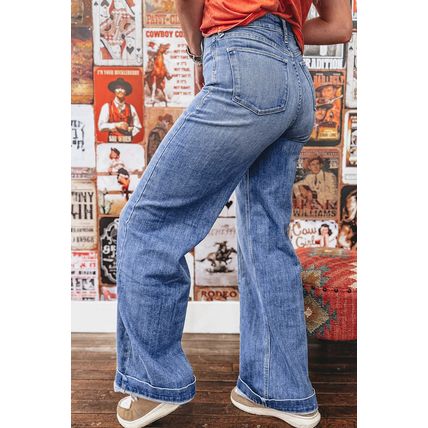 Beau Blue Tailored Center Seam Detail Straight Loose High Rise Jeans