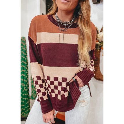 Brown Checkered Color Block Knitted Drop Shoulder Sweater