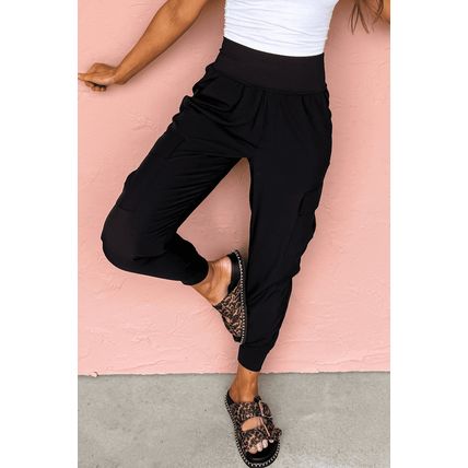 Black Elastic High Waist Pocketed Cargo Jogger Pants