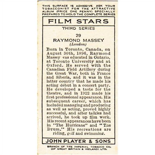 Players Film Stars 3rd Series Card No. 29 Raymond Massey Cigarette Card