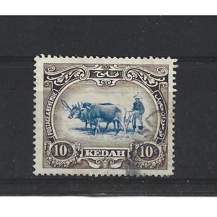 Kedah.SG6 10c Malay Ploughing (Blue and Sepia).Fine Used.Jan25