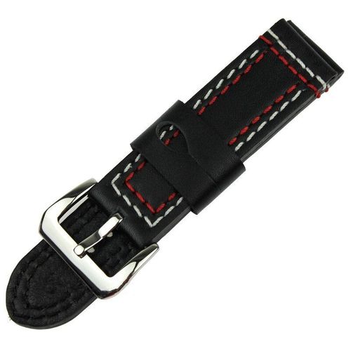 Black Leather 24mm Watch Strap with Double stitching in Blue, Red or Yellow