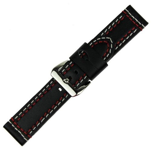 Black Leather 24mm Watch Strap with Double stitching in Blue, Red or Yellow