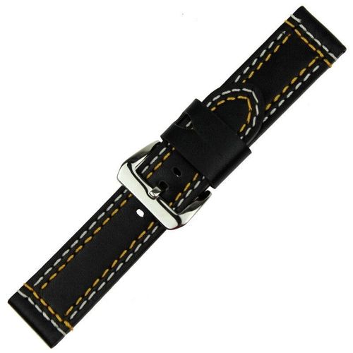 Black Leather 24mm Watch Strap with Double stitching in Blue, Red or Yellow