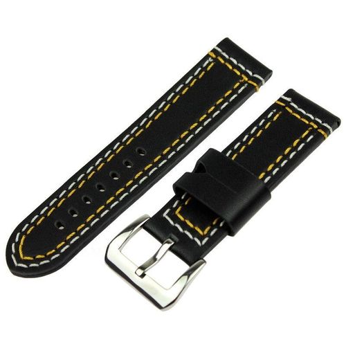 Black Leather 24mm Watch Strap with Double stitching in Blue, Red or Yellow