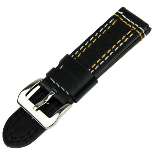 Black Leather 24mm Watch Strap with Double stitching in Blue, Red or Yellow