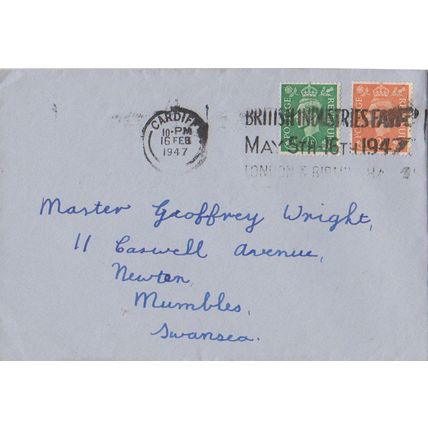 GB 1947 cover Cardiff to Swansea 2 stamps and British Industries Fair slogan