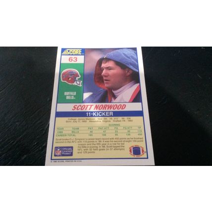 1990 Score Football Card # 063 Scott Norwood Excellent-Mint (6) Buffalo Bills