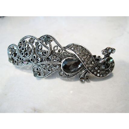 Blue or smoke gray peacock crystal hair barrette clip bridal clip bridal