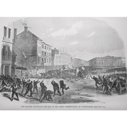1865 The English Elections - 2 prints: Riot in Marketplace & Nominations