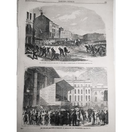 1865 The English Elections - 2 prints: Riot in Marketplace & Nominations