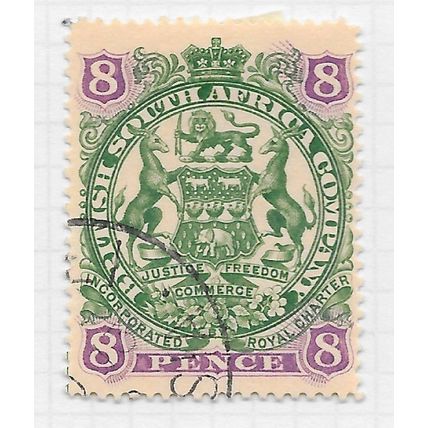 BSAC 1897 SOUTH AFRICA COMPANY ARMS SCROLLS SHORT ENDS LEGS 8d SG72 USED