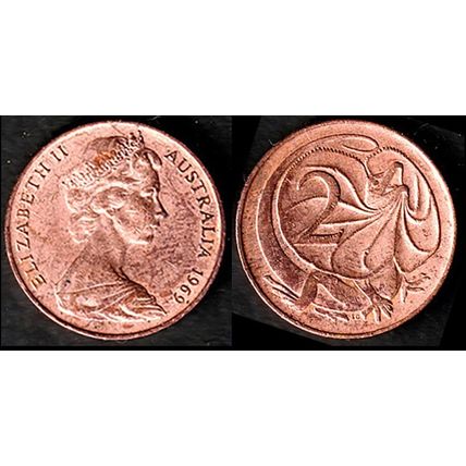 Australia Two Cent 1969 Used, Coin Frilled neck-lizard 2c QE II