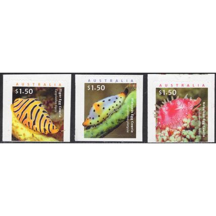 AUSTRALIA: 2025, LIVING SEASHELLS, EGG COWRIES, MNH SET OF 3 SELF-ADHESIVES.