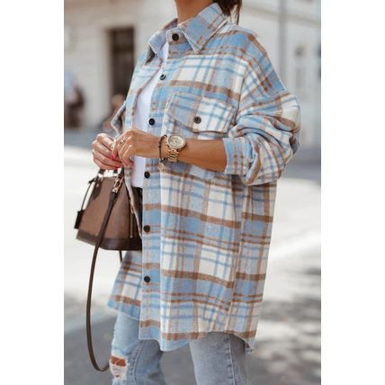 Sky Blue Plaid Flap Pocket Long Sleeve Shacket