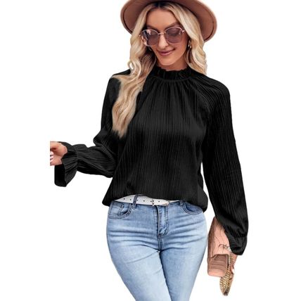 Black Frilled Mock Neck Ripple Bubble Sleeve Blouse