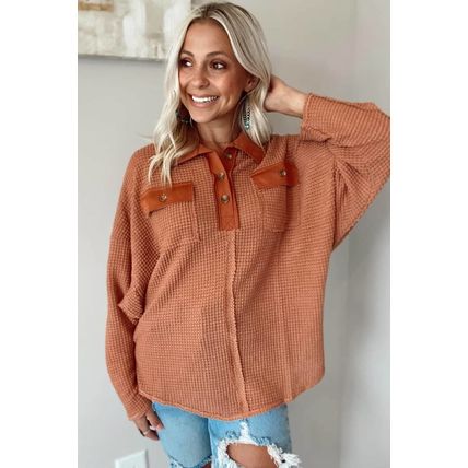 Brown Waffle Knit Button Contrast Trim Long Sleeve Top
