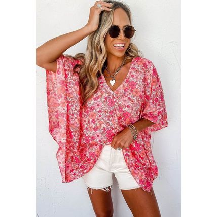 Pink Boho Floral V Neck Kimono Style Blouse