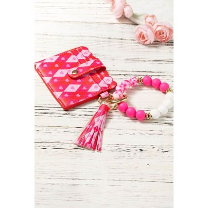 Rose Red Valentine Fashion PU Card Bag Key Chain with Silicone Bracelet