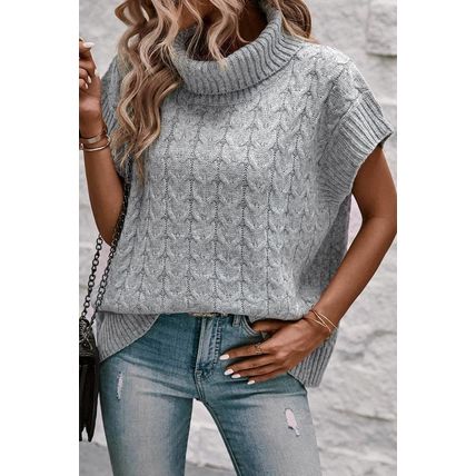 Medium Grey Cable Knit Turtleneck Batwing Sleeve Sweater