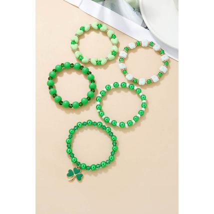 Green Clover Pendant Beaded 5pcs Bracelet Set