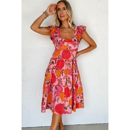 Pink Floral Square Neck Ruffled Flutter Sleeve Tiered Midi Dress