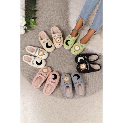Light Pink Moon & Clock Pattern Fuzzy Home Slippers