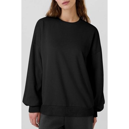 Black Solid Fleece Lined Drop Shoulder High Low Sweatshirt