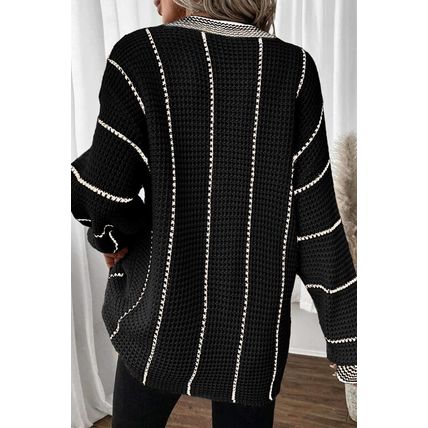 Black Colorblock Striped V Neck Knitted Loose Sweater