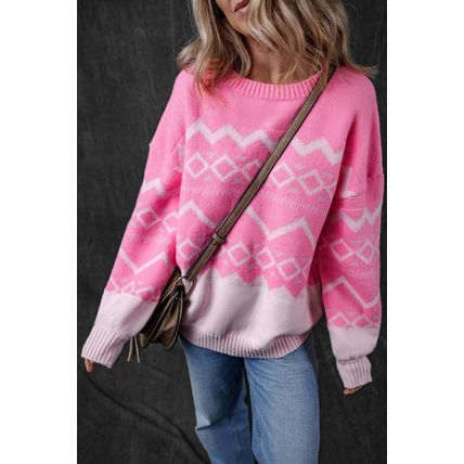Pink Western Aztec Geometric Drop Shoulder Sweater