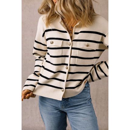Black Stripe Flap Pocket Buttoned Cardigan Sweater