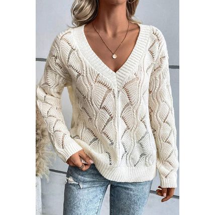 Beige Hollow Out Knit V Neck Drop Shoulder Sweater