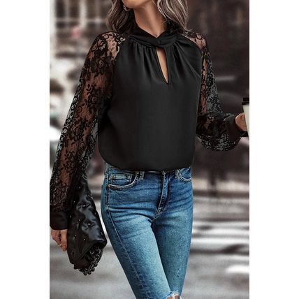 Black Keyhole Neckline Floral Lace Raglan Sleeve Blouse