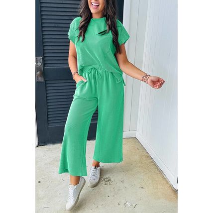 Bright Green Solid Corded Knit Short Sleeve T Shirt and Wide Leg Pants Set