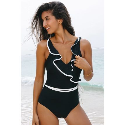 Black Color Contrast Ruffled Wrap V Neck Swimsuit