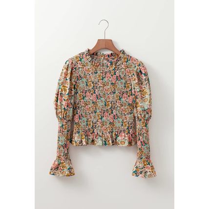 Yellow Floral Print Smocked Bubble Sleeve Ruffled Crop Top