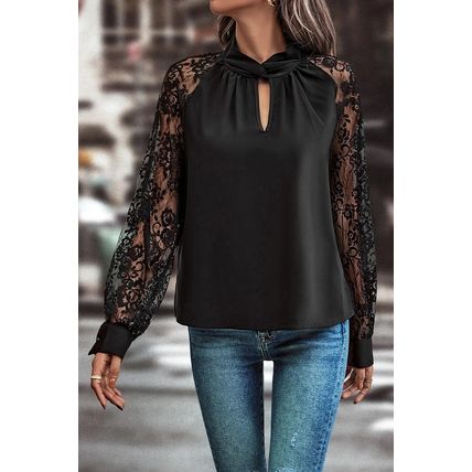 Black Keyhole Neckline Floral Lace Raglan Sleeve Blouse