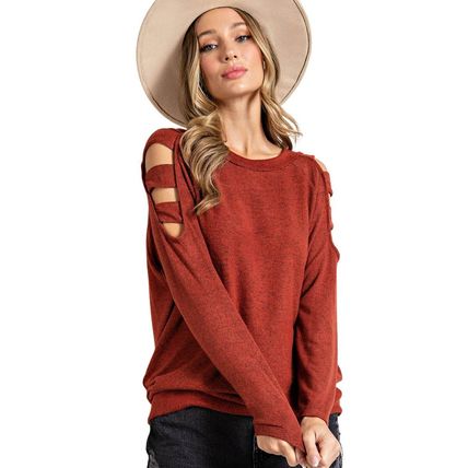 Orange Cutout Cold Shoulder Long Sleeve Top