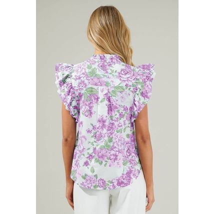 Purple Floral Print Ruffle Sleeve Frilly Button Up Shirt