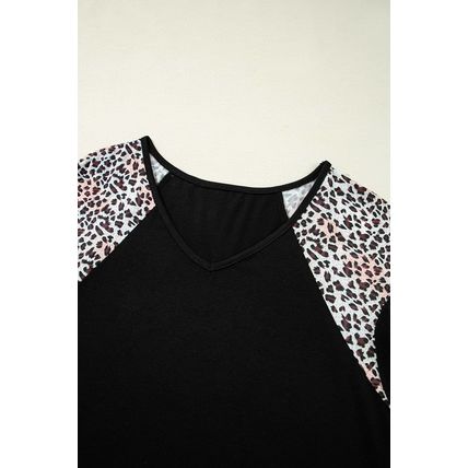 Black Leopard Ruffle Patchwork Sleeve Plus Size Summer Top