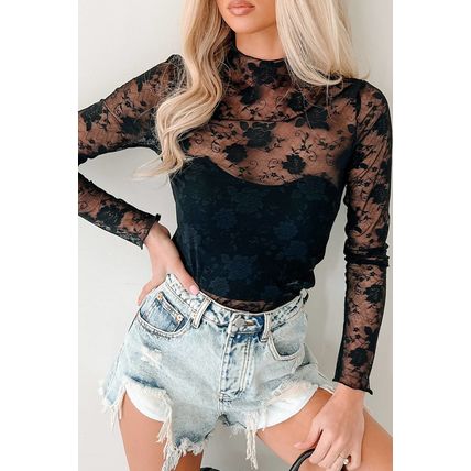 Black Sheer Floral Lace Mesh Mock Neck Long Sleeve Top