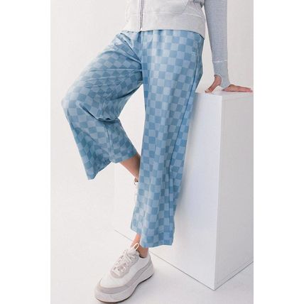 Sky Blue Checkered Elastic High Waist Loose Casual Pants