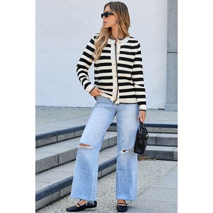 Black Stripe Chic Golden Button Cardigan Sweater