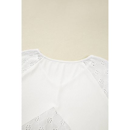 White Twisted Rib Patchwork Embroidered Loose V Neck Long Sleeve Top