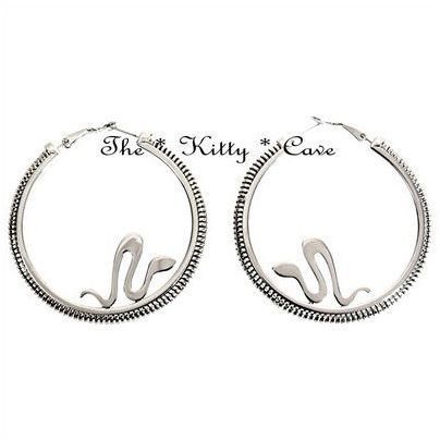 LARGE SILVER RHODIUM PLATED SNAKE ASP CLEOPATRA BELLY DANCE CREOLE HOOP EARRINGS