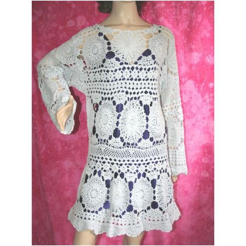Vintage 1970 Blue Open Work Crochet Dress Size 10 Rare