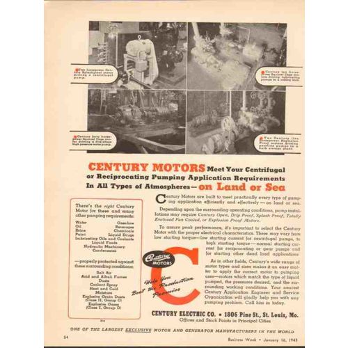 CENTURY ELECTRIC COMPANY 1943 pumping application land sea vintage ad