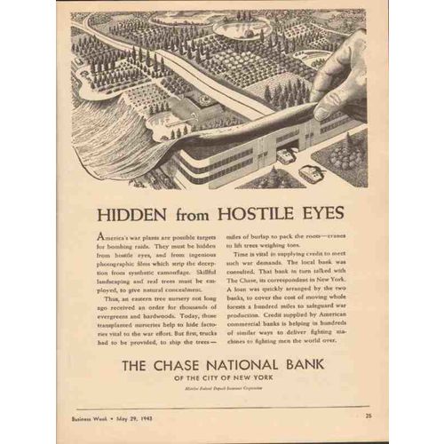 CHASE NATIONAL BANK 1943 Hidden from hostile eyes WW2 vintage ad