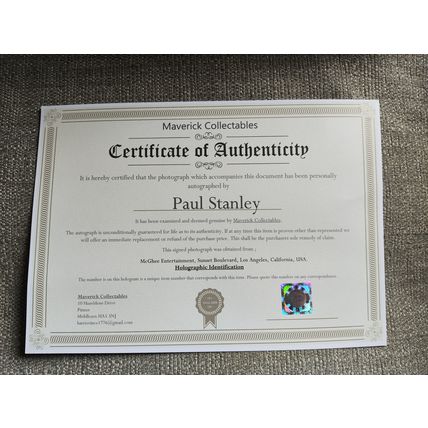 Genuine, Signed/Autographed, 10"x8", Photo by Paul Stanley (Singer, Kiss) + COA